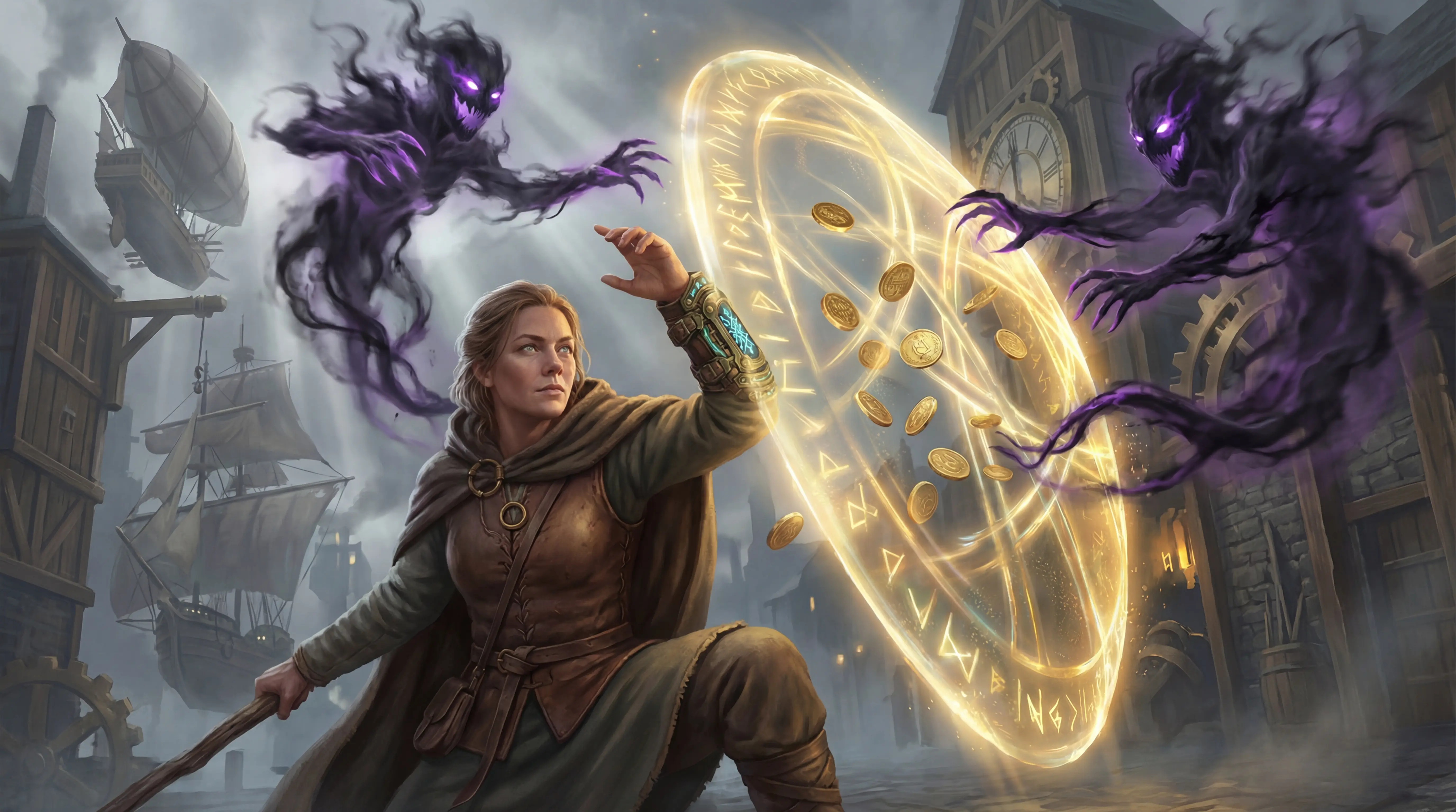 Gulda defending treasure with runic shield