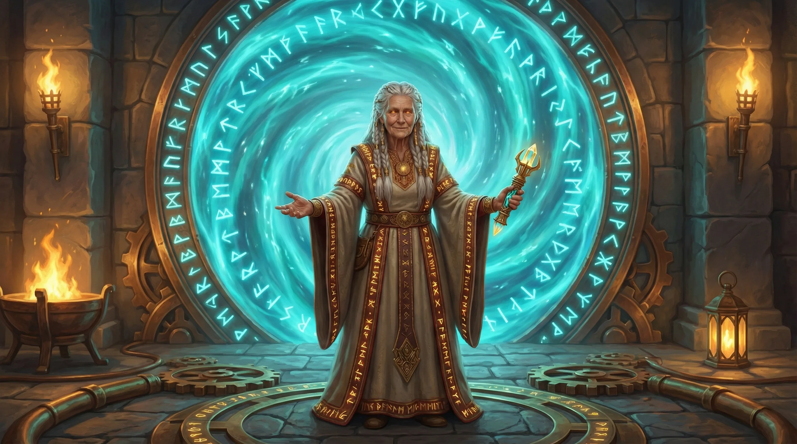 Oracle standing before a glowing portal