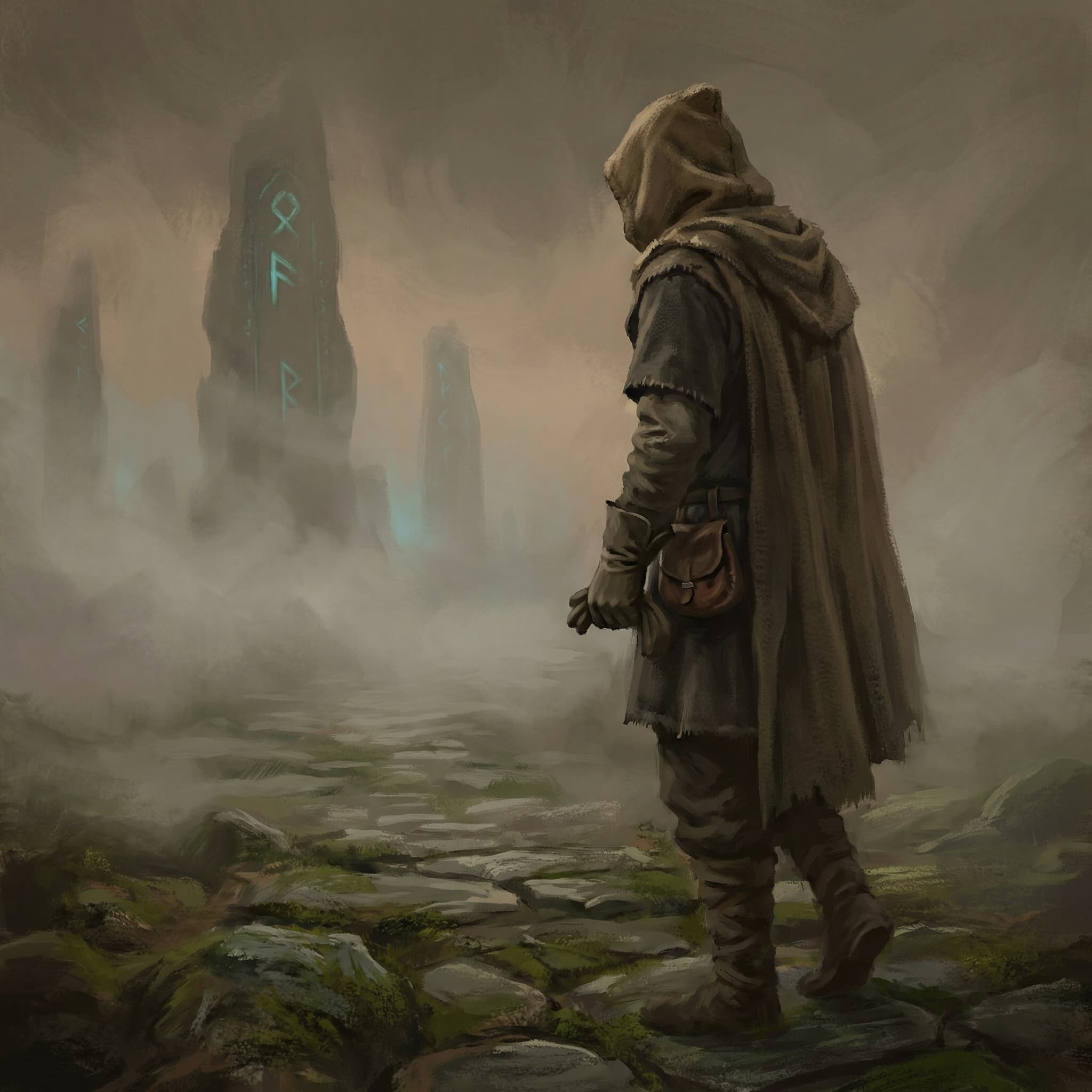 A lone traveler wandering through mystical fog, clutching a coin purse